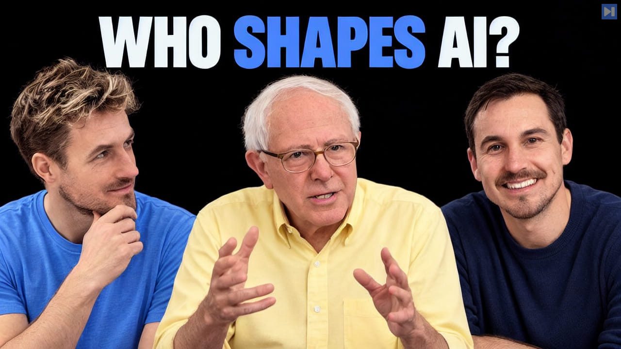 Pierce Freeman touching his chin, Bernie Sanders gesturing and Richard Diehl Martinez smiling beneath the blue and white headline "WHO SHAPES AI?" against black.