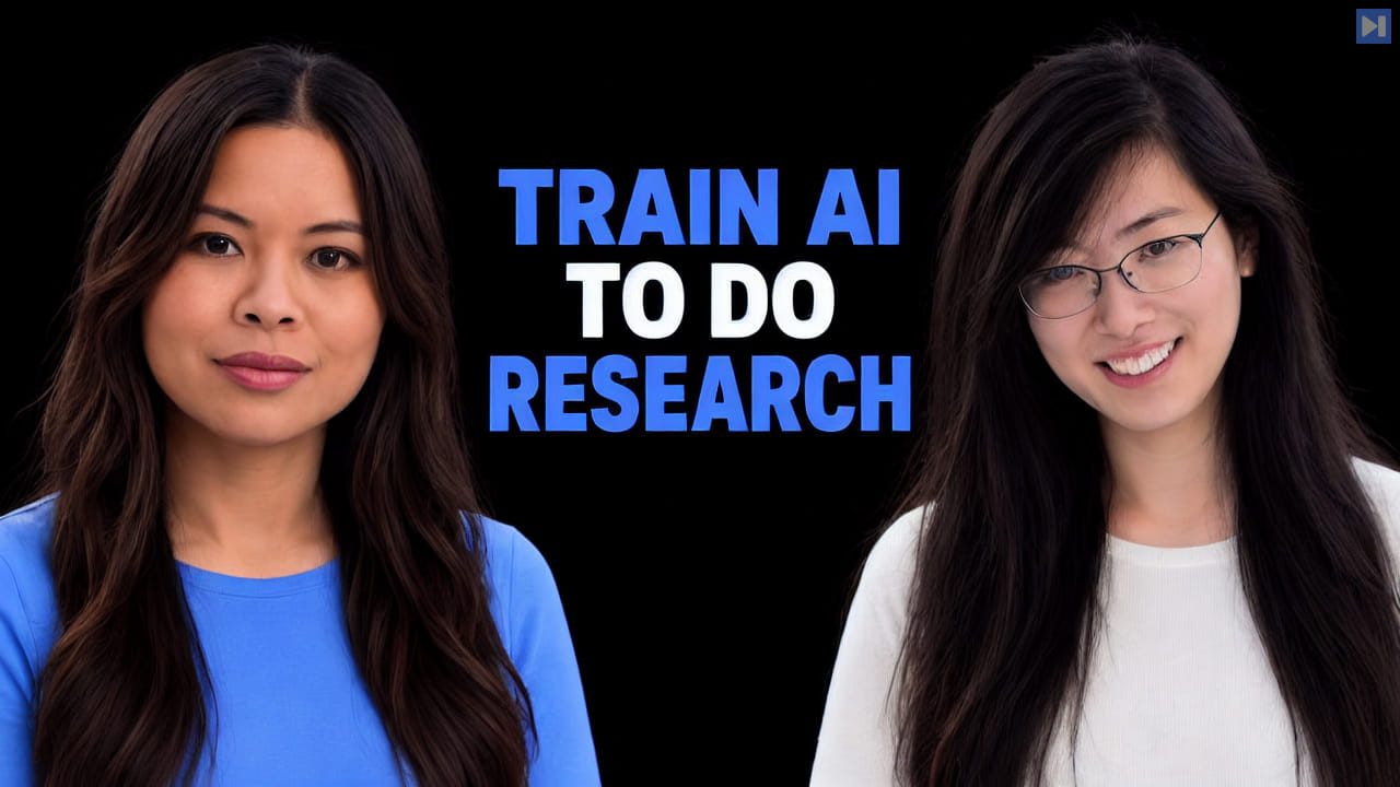 Sophia Dew and Jennifer Zhou beside the blue and white headline TRAIN AI TO DO RESEARCH on black.