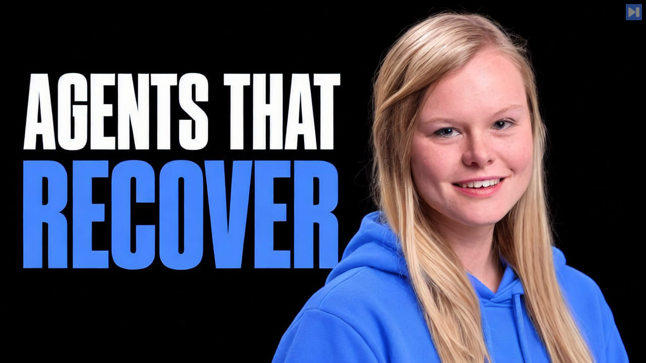 Giselle van Dongen in a plain blue hoodie beside the headline Agents That Recover on a pure black background.