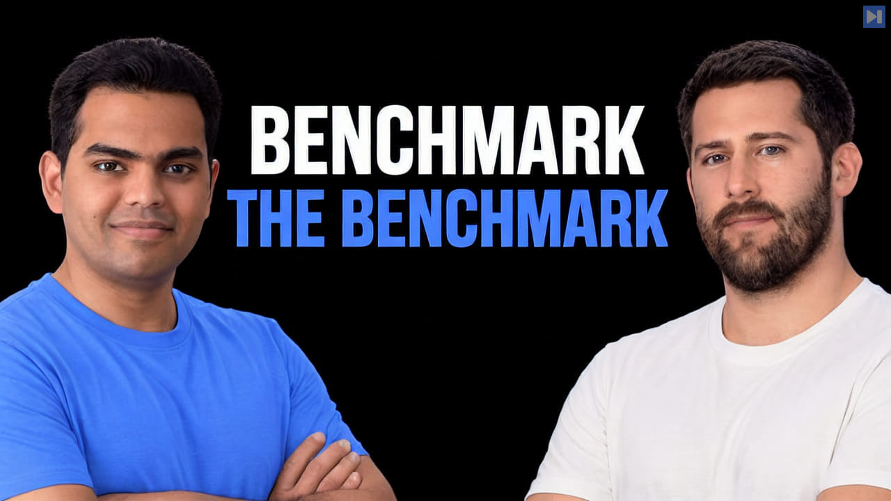 Ashok Chandrasekar and Jason Kramberger flank the white-and-blue headline “Benchmark the Benchmark” on black.