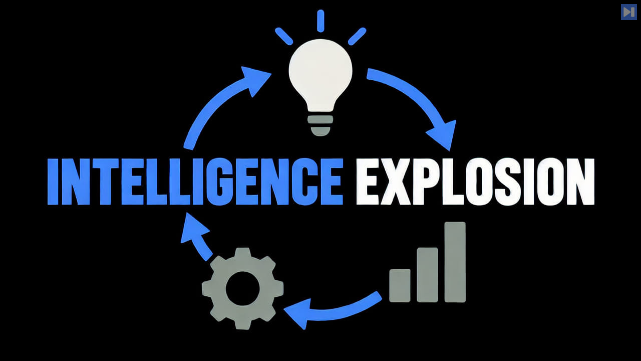 A flat research feedback loop with blue arrows, a light bulb, gear and growing bars accompanies the blue-and-white headline “INTELLIGENCE EXPLOSION” on black.