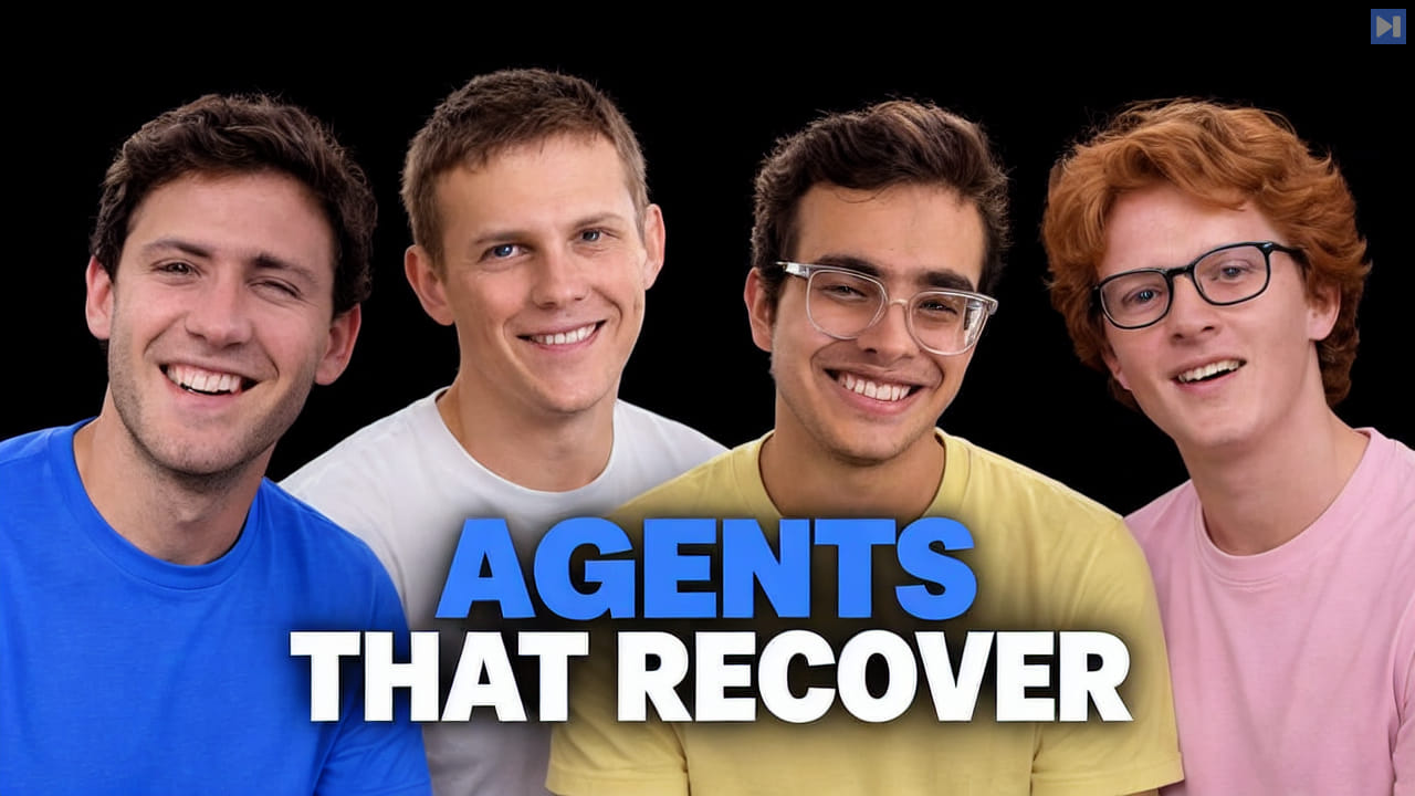 Steve Coffey, Joe Gershenson, Ahmed Ibrahim, and Theo Jaffee arranged across a black background above the blue-and-white headline “AGENTS THAT RECOVER”.
