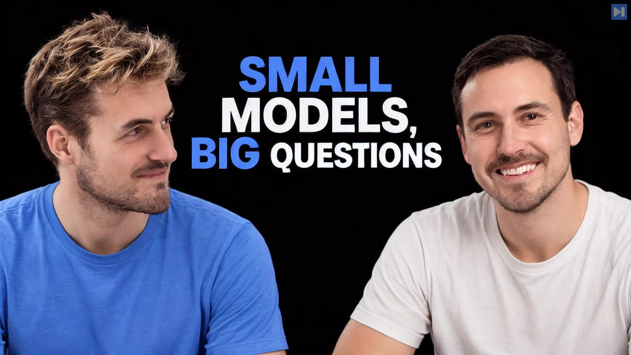 Pierce Freeman and Richard Diehl Martinez in blue and white tops against black, alongside the blue and white headline "SMALL MODELS, BIG QUESTIONS".