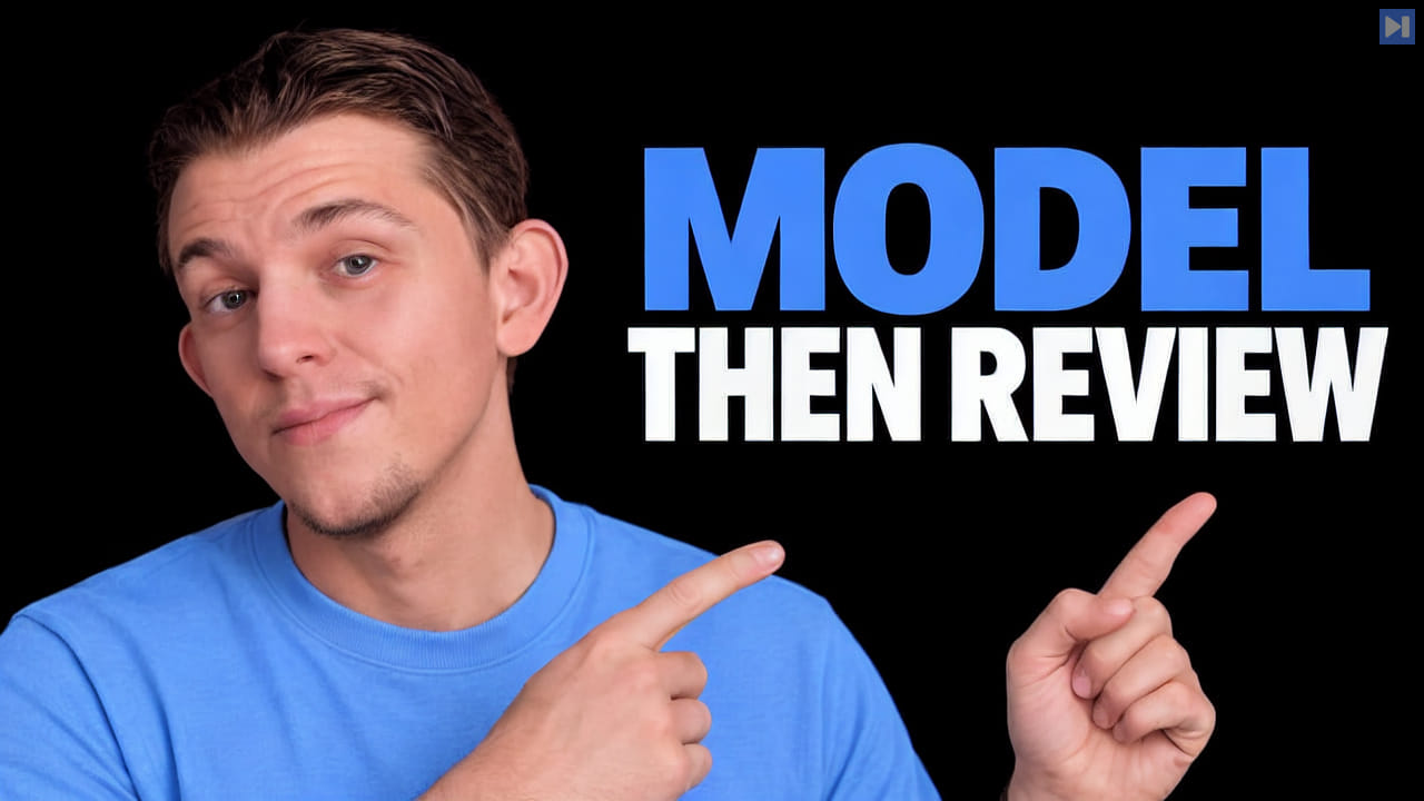Riley Brown is shown beside the blue-and-white headline MODEL THEN REVIEW on a black background.