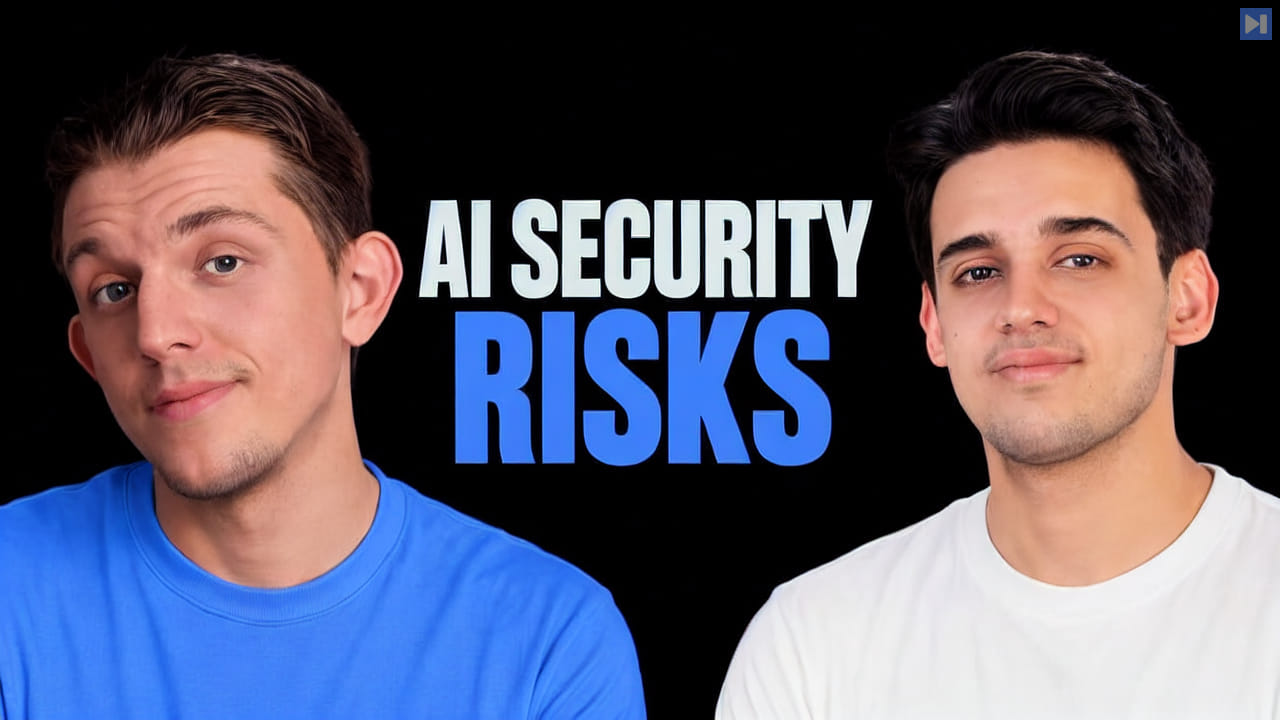 Riley Brown and Ansh Nanda in T-shirts beside the words AI Security Risks.