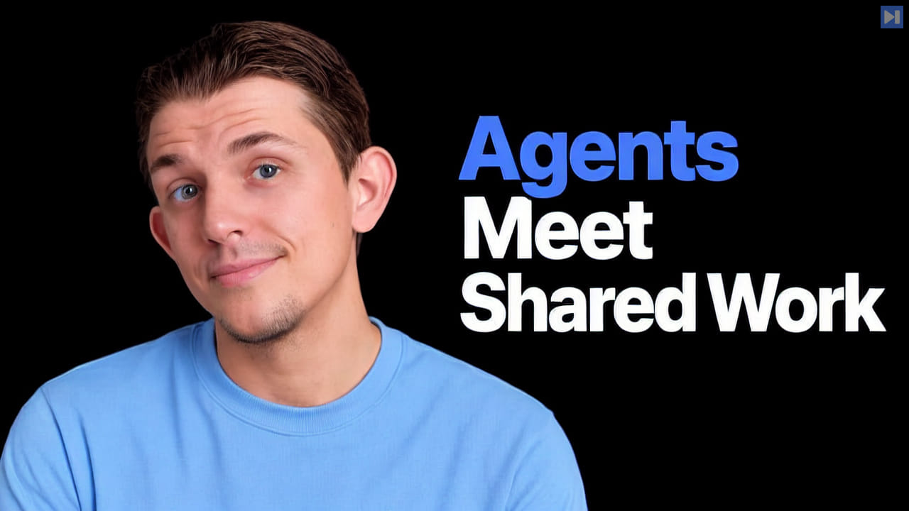 Riley Brown against a black background beside the blue and white headline Agents Meet Shared Work.