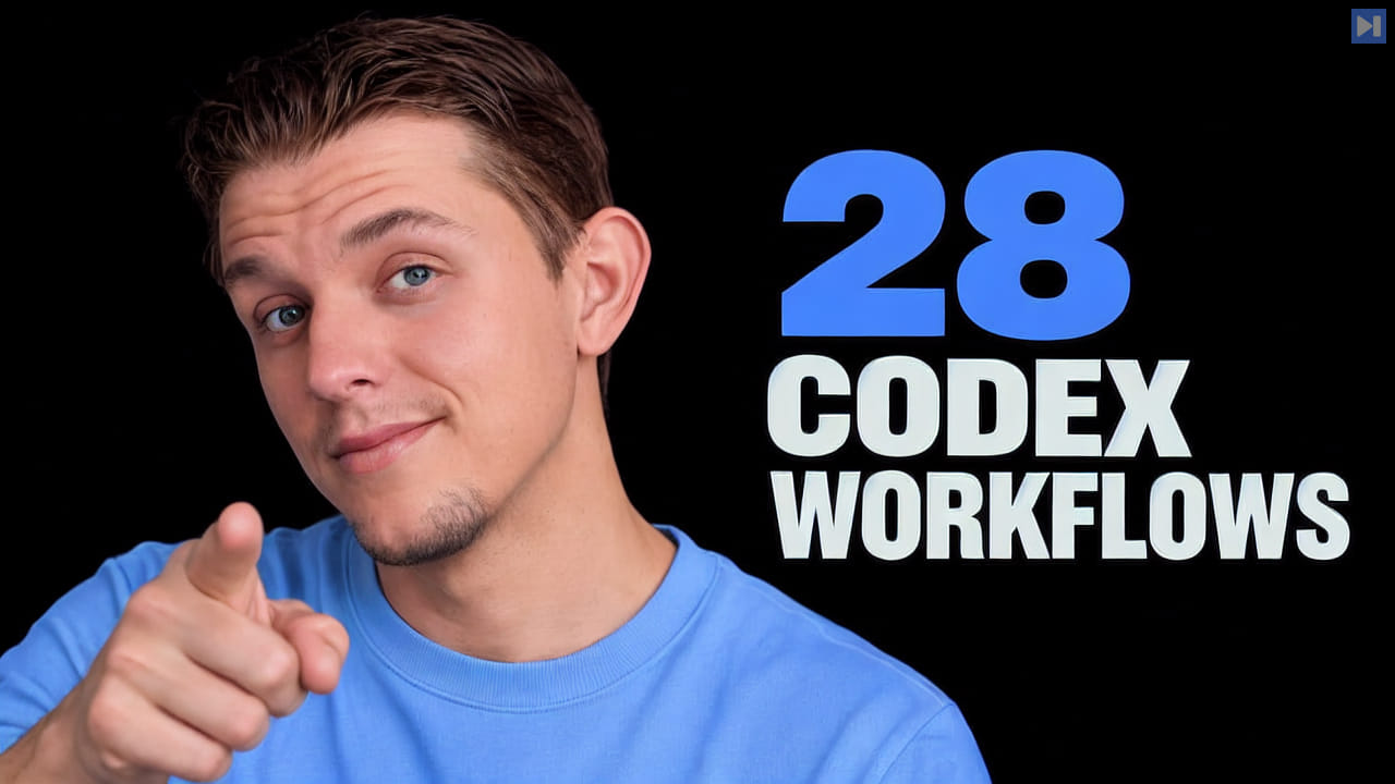 Riley Brown points toward the viewer beside a blue 28 and white CODEX WORKFLOWS lettering on black.