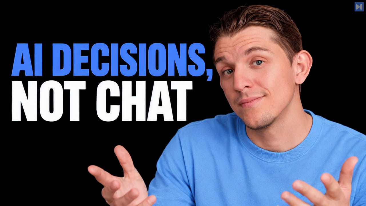 Riley Brown in a blue shirt gestures beside the blue and white headline AI Decisions, Not Chat on black.