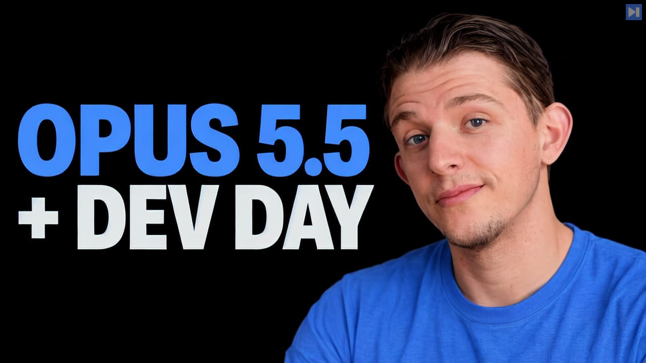 Riley Brown in a blue shirt beside the blue and off-white headline “OPUS 5.5 + DEV DAY” on a black background.