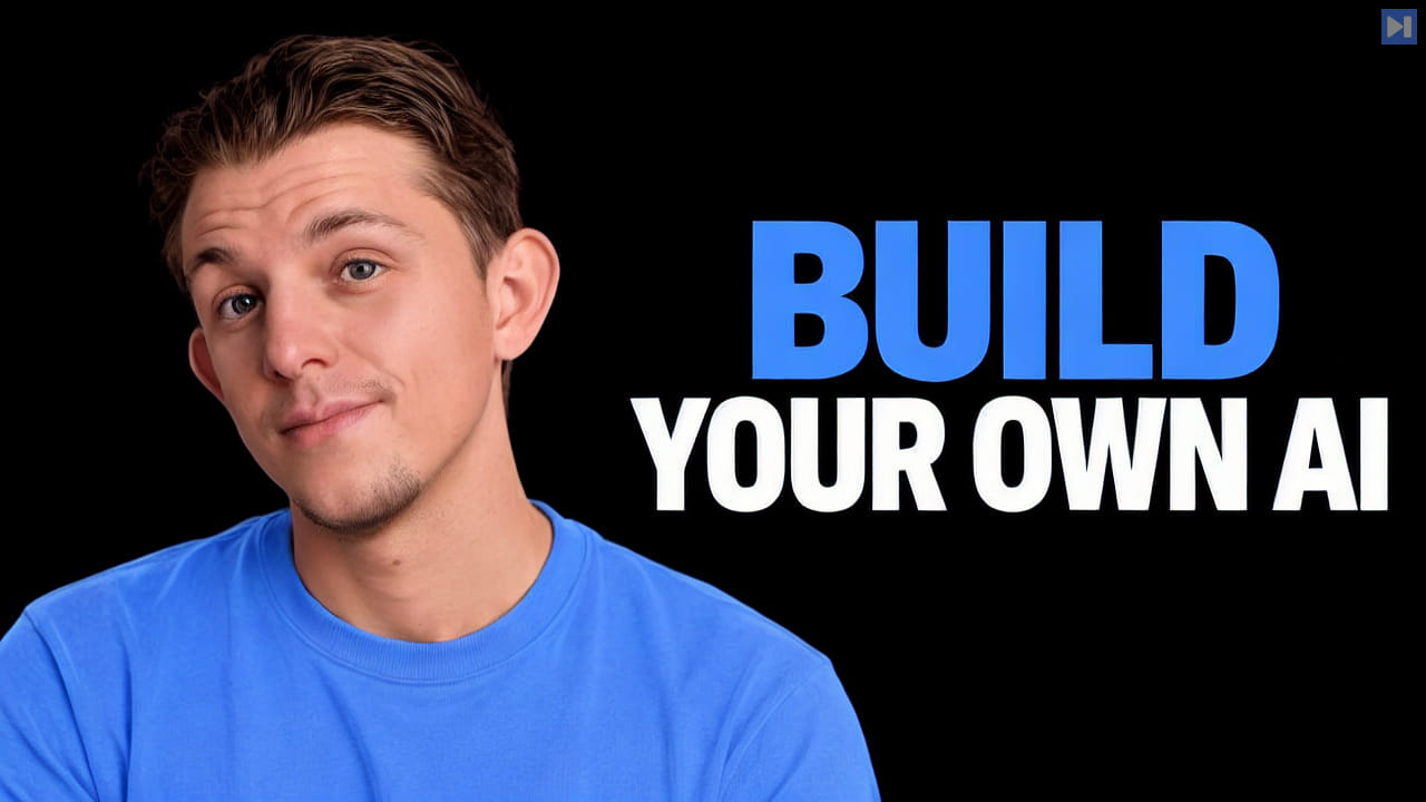Riley Brown in a blue top against a black background beside the blue-and-white headline "BUILD YOUR OWN AI".