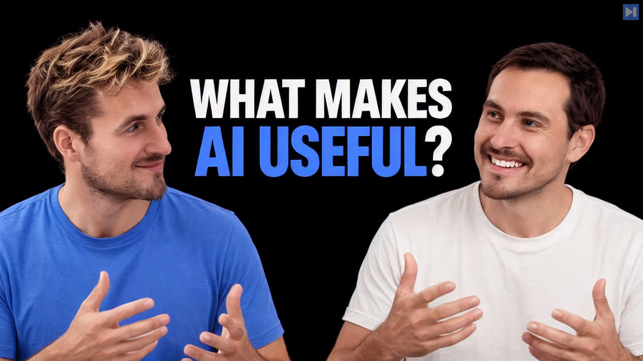 Pierce Freeman and Richard Diehl Martinez gesture beside the blue and white headline "WHAT MAKES AI USEFUL?" on black.