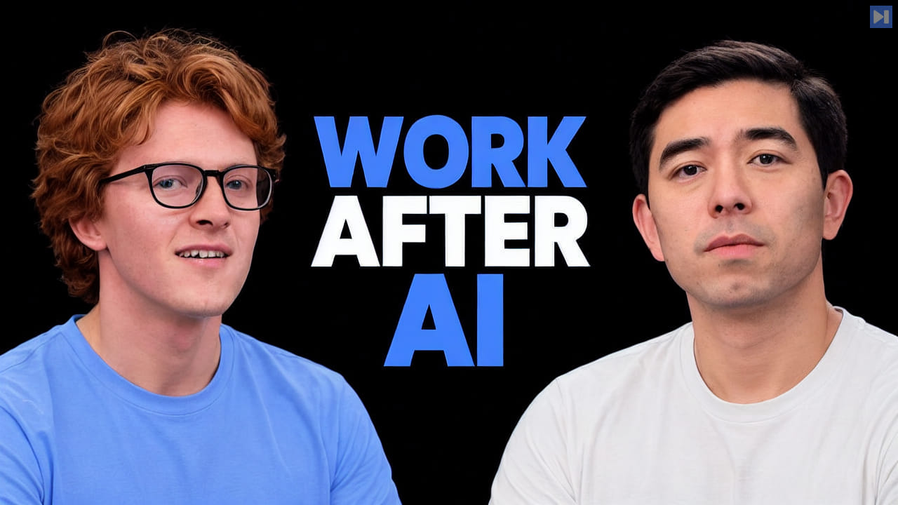 Editorial portraits of Theo Jaffee and Rob Henderson flank the blue-and-white headline WORK AFTER AI against black.