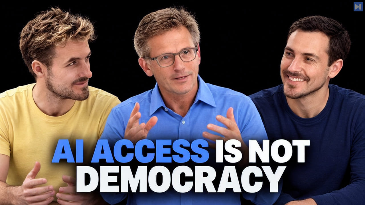 Pierce Freeman, Richard Diehl Martinez, Rob Reich against black with the blue and white headline "AI ACCESS IS NOT DEMOCRACY".