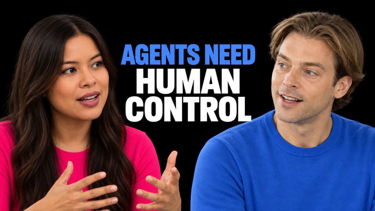 Sophia Dew in pink and Robert Vis in blue against black beside the blue and white headline AGENTS NEED HUMAN CONTROL.