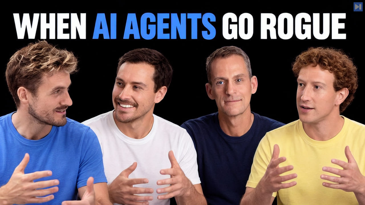 Pierce Freeman, Richard Diehl Martinez, Jeff Dean, Mark Zuckerberg against black with the blue and white headline "WHEN AI AGENTS GO ROGUE".