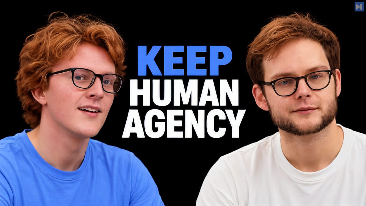 Theo Jaffee in blue and Rudolf Laine in white flank the blue and white headline "KEEP HUMAN AGENCY" on black.