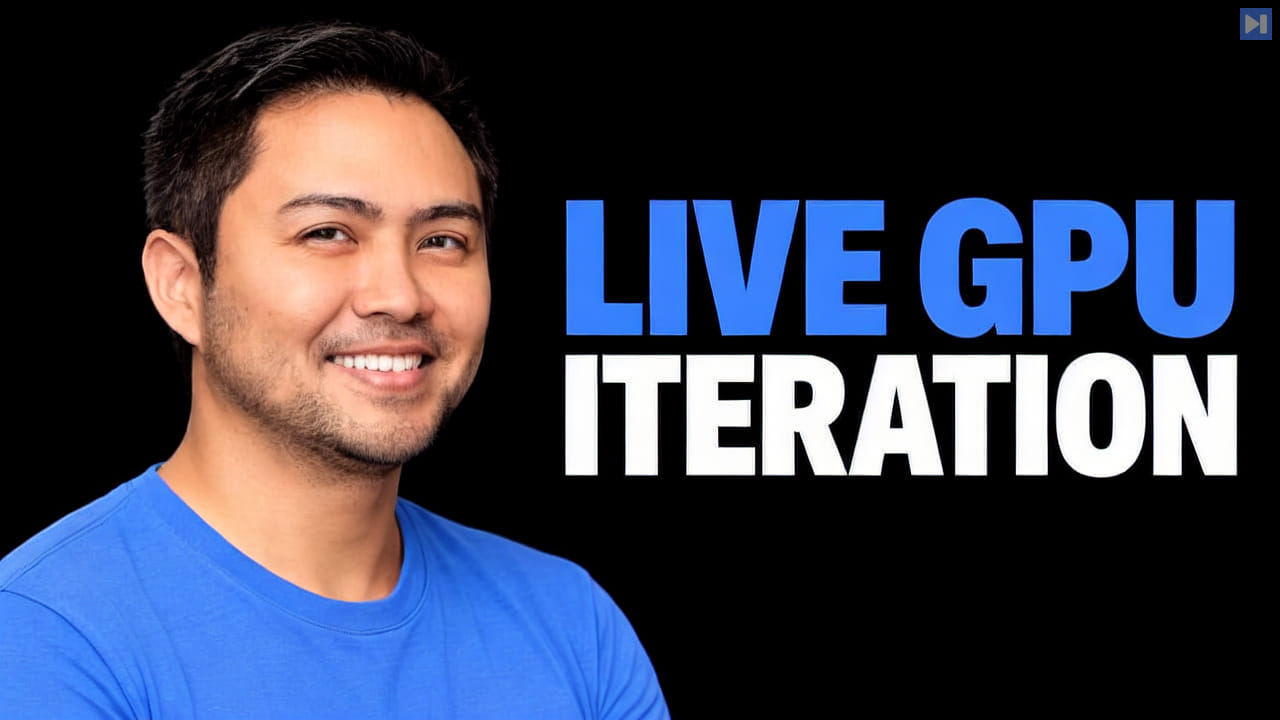 Portrait of Dean Quiñanola on a black background with the blue and white headline "LIVE GPU ITERATION".