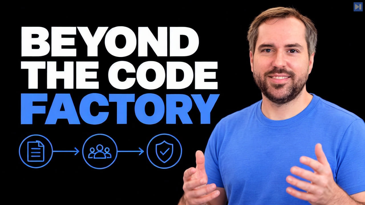 Ryan Cooke gestures beside the white-and-blue headline 'BEYOND THE CODE FACTORY' and a blue plan-to-delivery diagram on black.