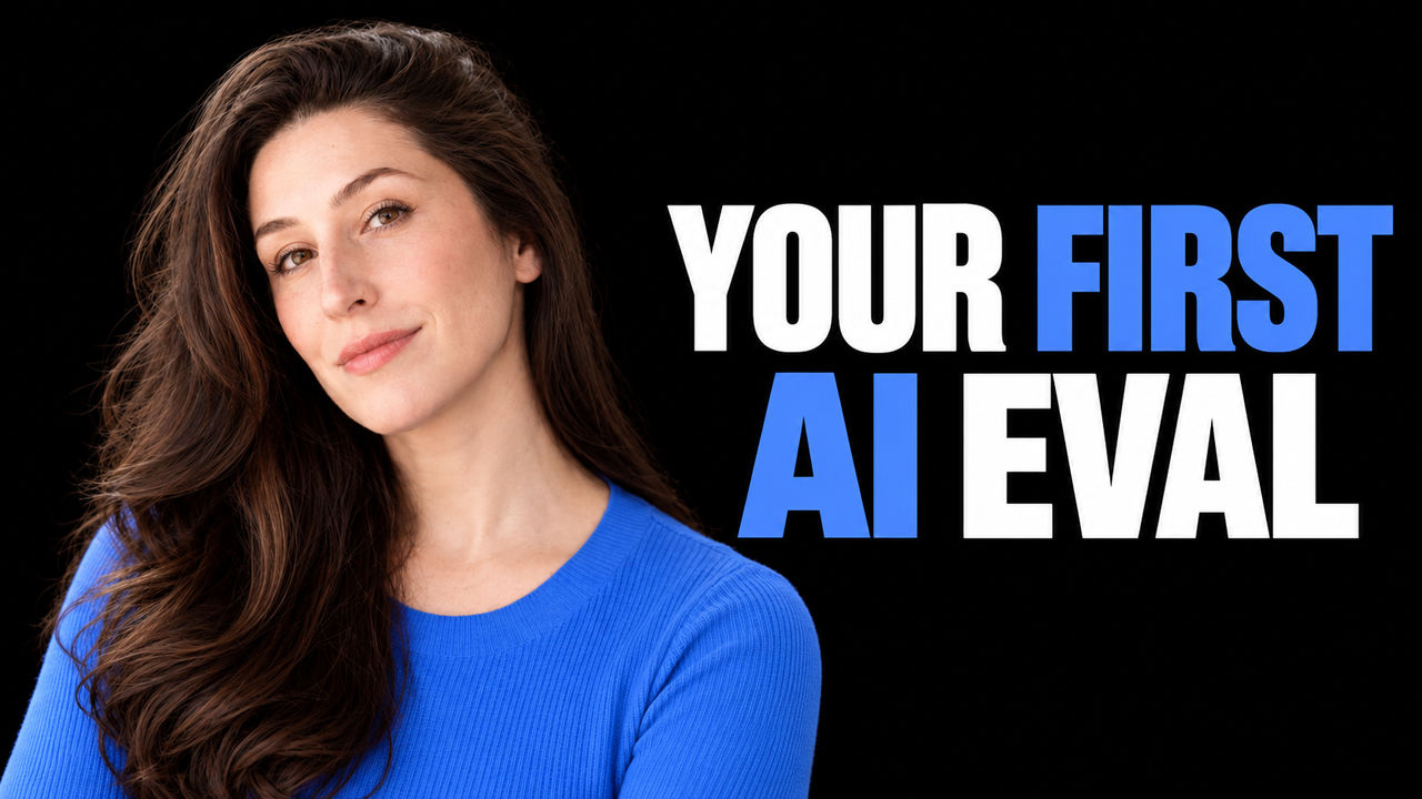 Sally-Ann DeLucia in a plain blue top against black beside the white and blue headline 'YOUR FIRST AI EVAL'.