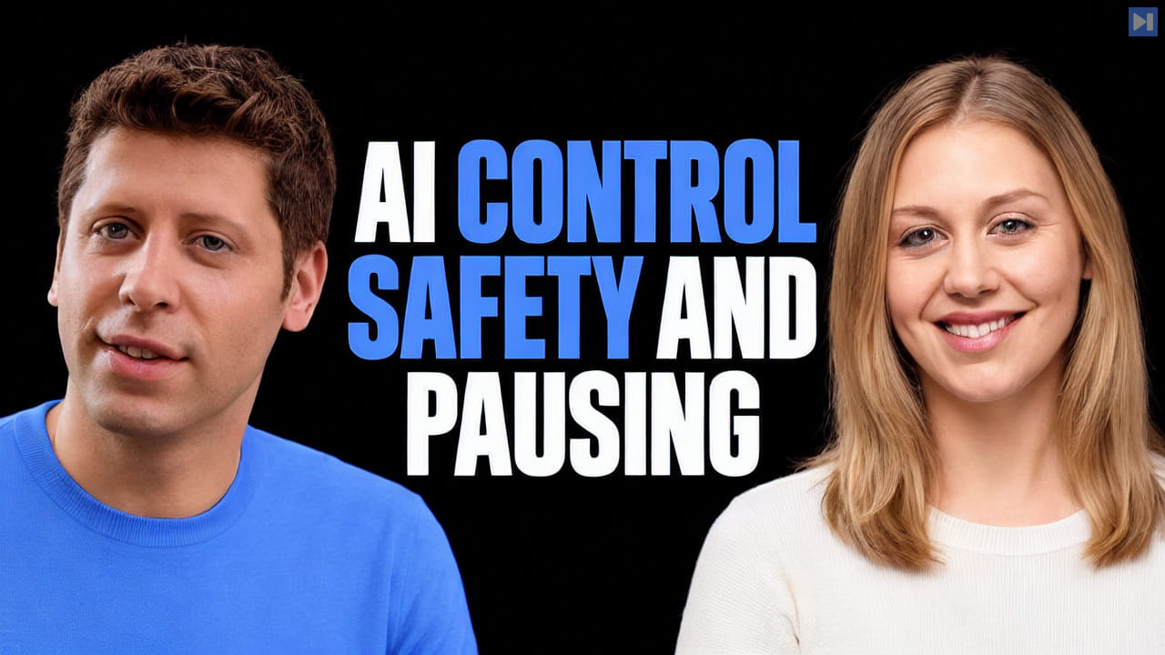 Sam Altman with Alyson Shontell beside the headline AI CONTROL SAFETY AND PAUSING on a pure black background.