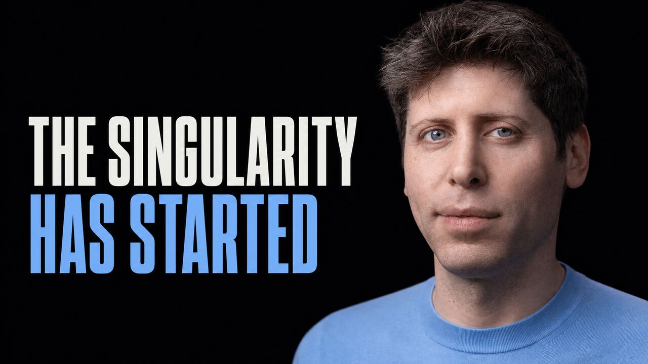 Portrait of Sam Altman beside the words The Singularity Has Started