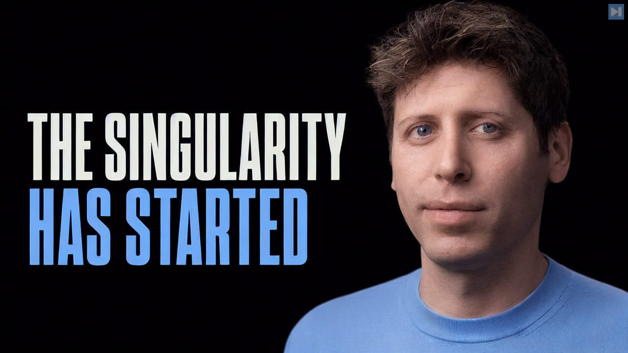 Portrait of Sam Altman beside the words The Singularity Has Started