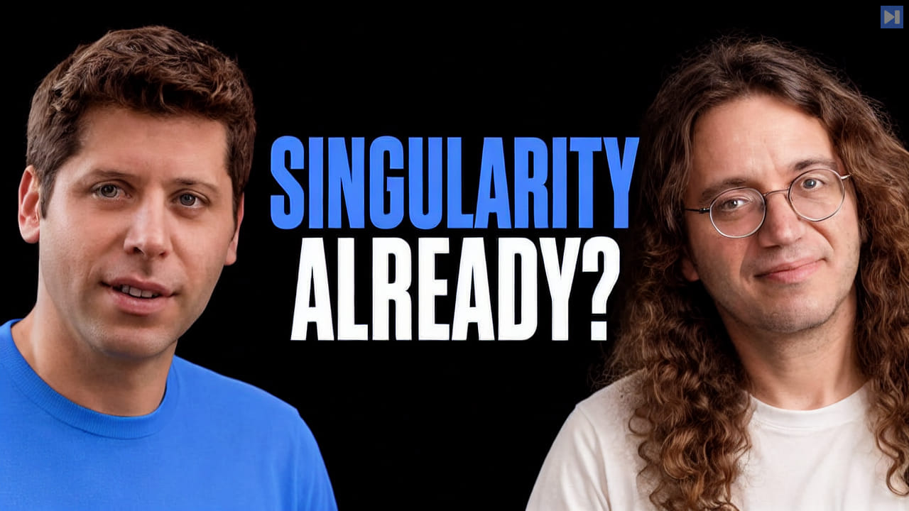 Sam Altman and Ben Goertzel beside the headline SINGULARITY ALREADY? on a black background.