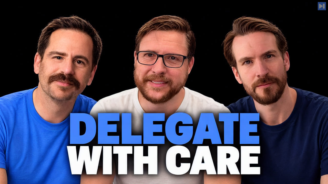 Sam Odio and Hannes Rudolph and Patrick Erichsen against a black background with the blue-and-white headline "DELEGATE WITH CARE".