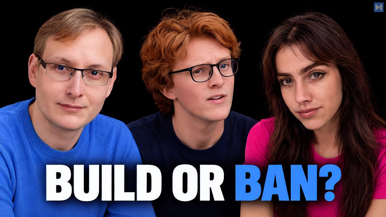 Samo Burja, Theo Jaffee and Sofia Puccini beside BUILD OR in white and BAN? in blue against a black background.