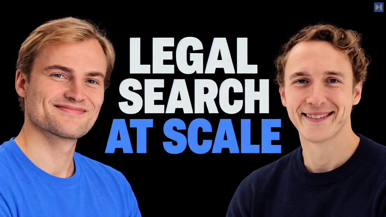 Jacob Lauritzen in blue and Simon Eskildsen in dark clothing flank the white and blue headline LEGAL SEARCH AT SCALE on black.