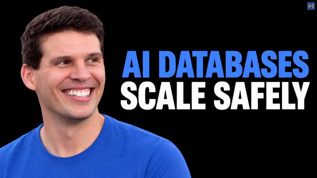 Ben Dicken beside the blue and white headline “AI DATABASES - SCALE SAFELY” on a black background.