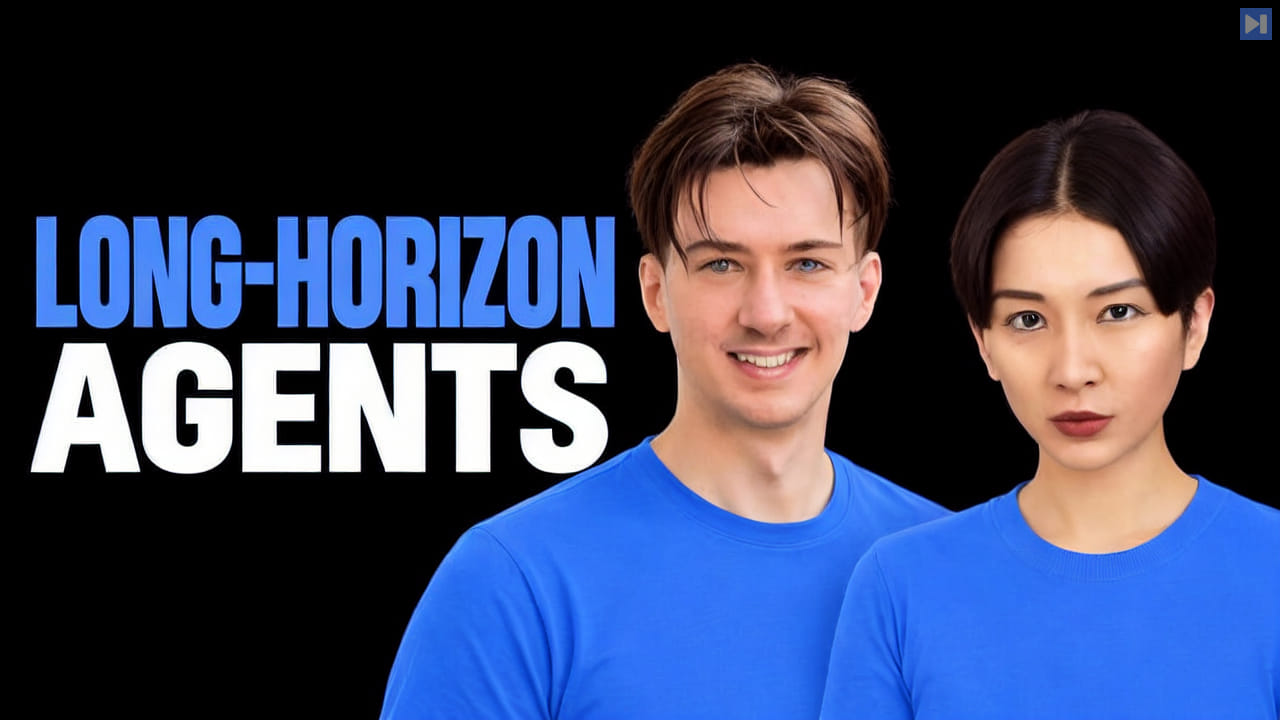 Ross Taylor and Chengxi Taylor in blue tops beside the blue and white headline Long-Horizon Agents on black.