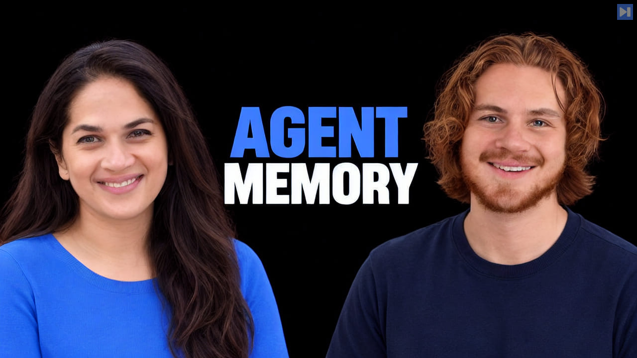 Priyanka Phatak on the left and Gabriel Cemaj on the right, neither wearing glasses, surround the blue-and-white AGENT MEMORY headline against black.