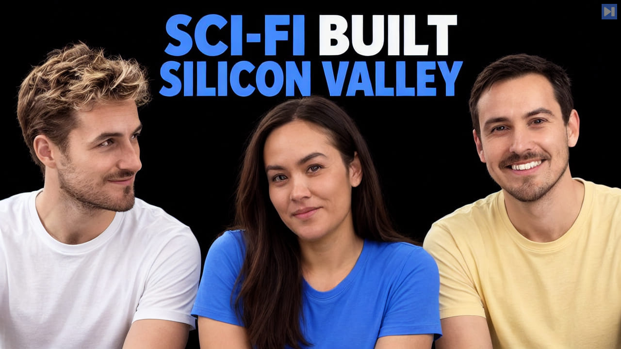 Pierce Freeman, Bella Cooper-Brown and Richard Diehl Martinez against black beneath the blue and white headline "SCI-FI BUILT SILICON VALLEY".