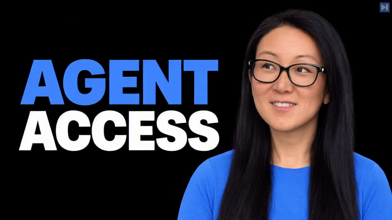 Kim Maida in a blue top looks toward the blue and white "AGENT ACCESS" headline against black.