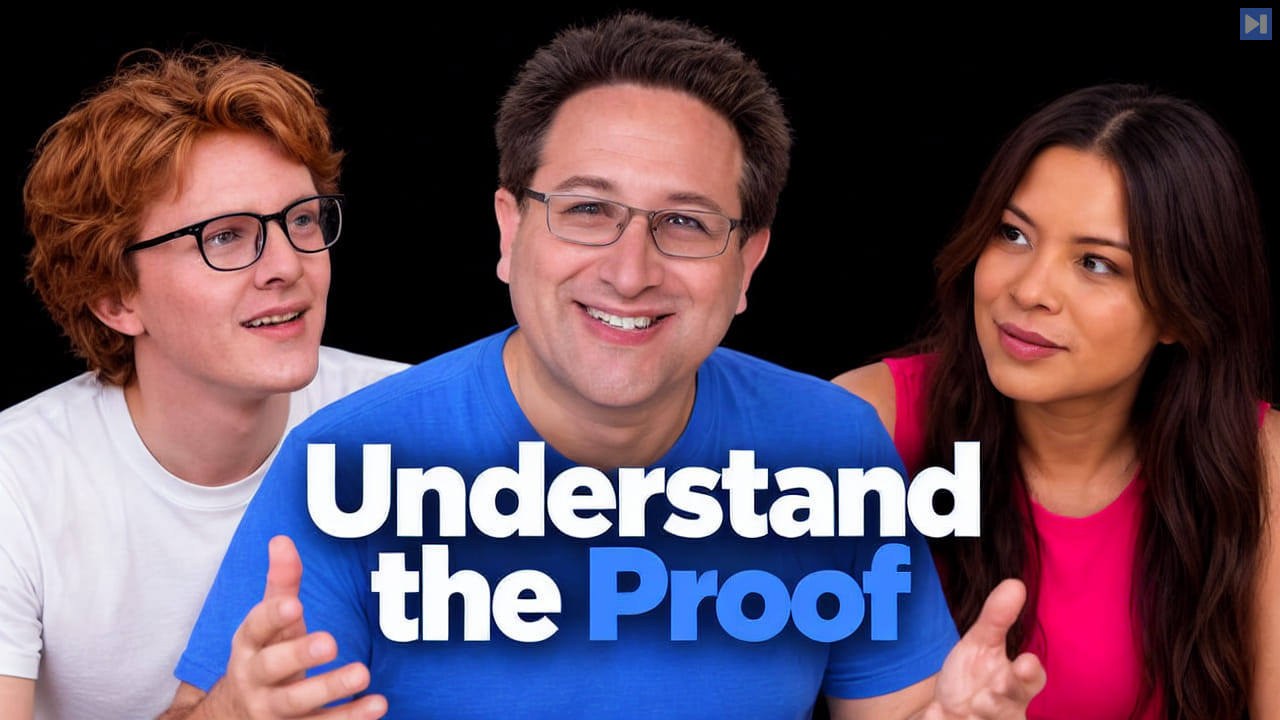 Scott Aaronson in blue between Theo Jaffee in white and Sophia Dew in pink, with the white and blue headline Understand the Proof on black.
