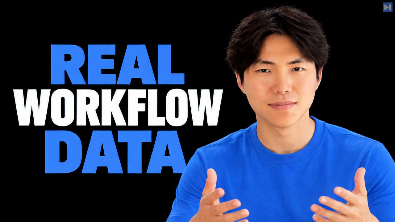 Sean Cai in a blue shirt gestures beside the blue-and-white headline “REAL WORKFLOW DATA” on a black background.
