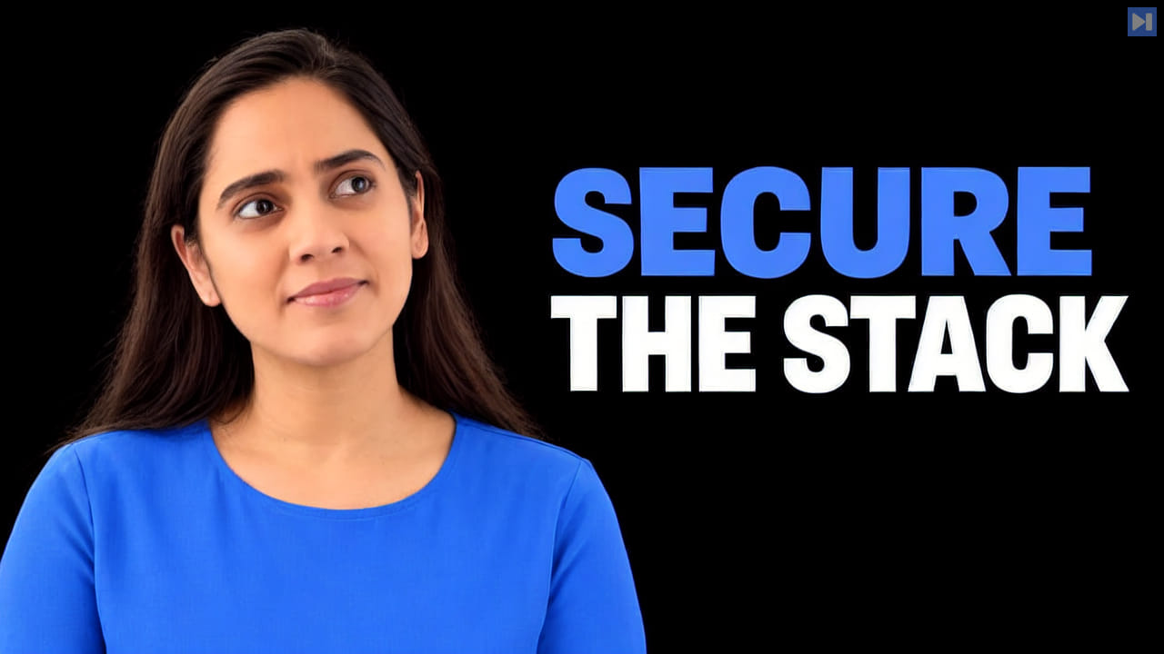Lovina Dmello in a blue top looks upward beside the blue and white "SECURE THE STACK" headline against black.