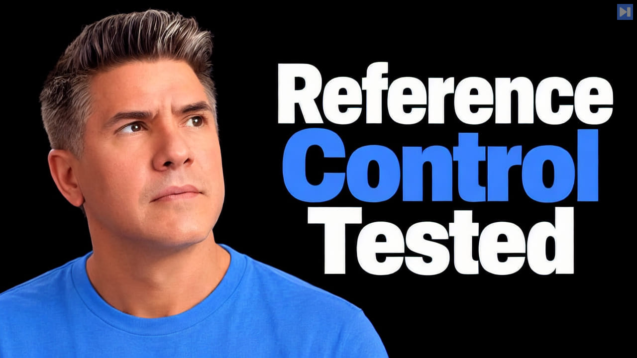 Tim Simmons in a blue top on the left beside the white and blue headline Reference Control Tested on a black background.