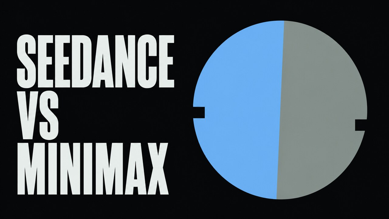 The words Seedance vs MiniMax beside a simple split-circle comparison illustration