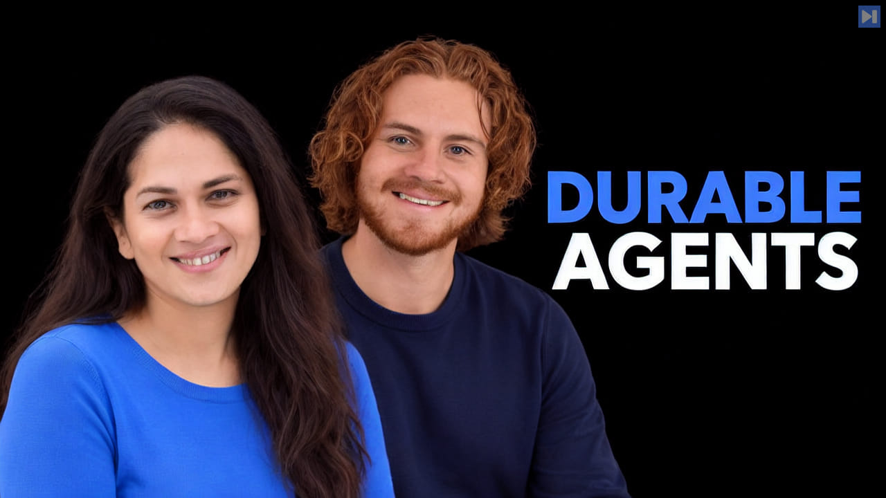 Priyanka Phatak and Gabriel Cemaj beside the blue-and-white DURABLE AGENTS headline against a black background.
