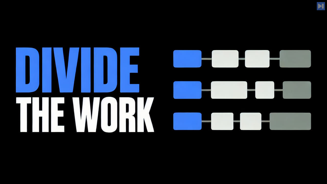 Blue-and-white DIVIDE THE WORK headline on the left and three separate rows of connected task blocks on the right against black, with no people.