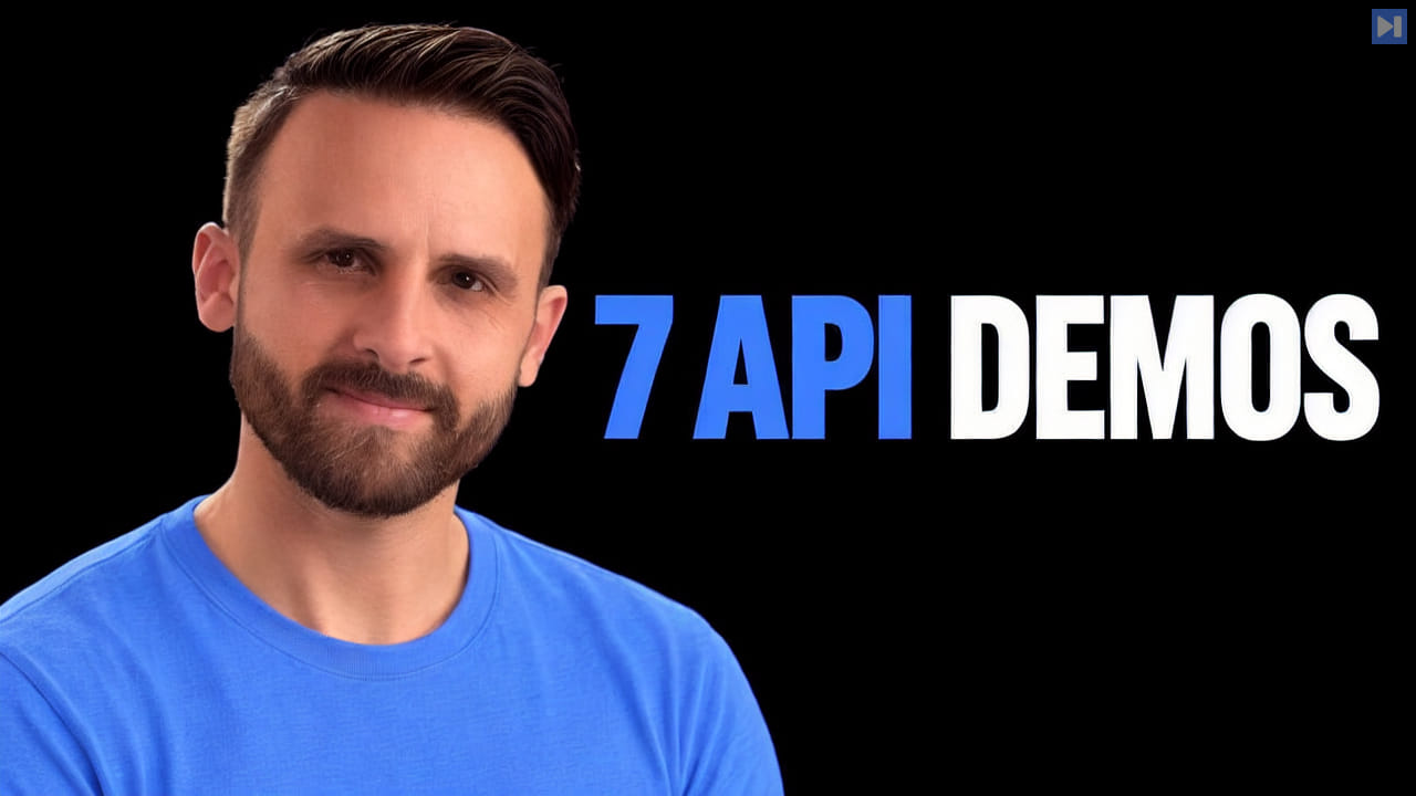 Pat Simmons beside the blue-and-white headline 7 API Demos on a black background.