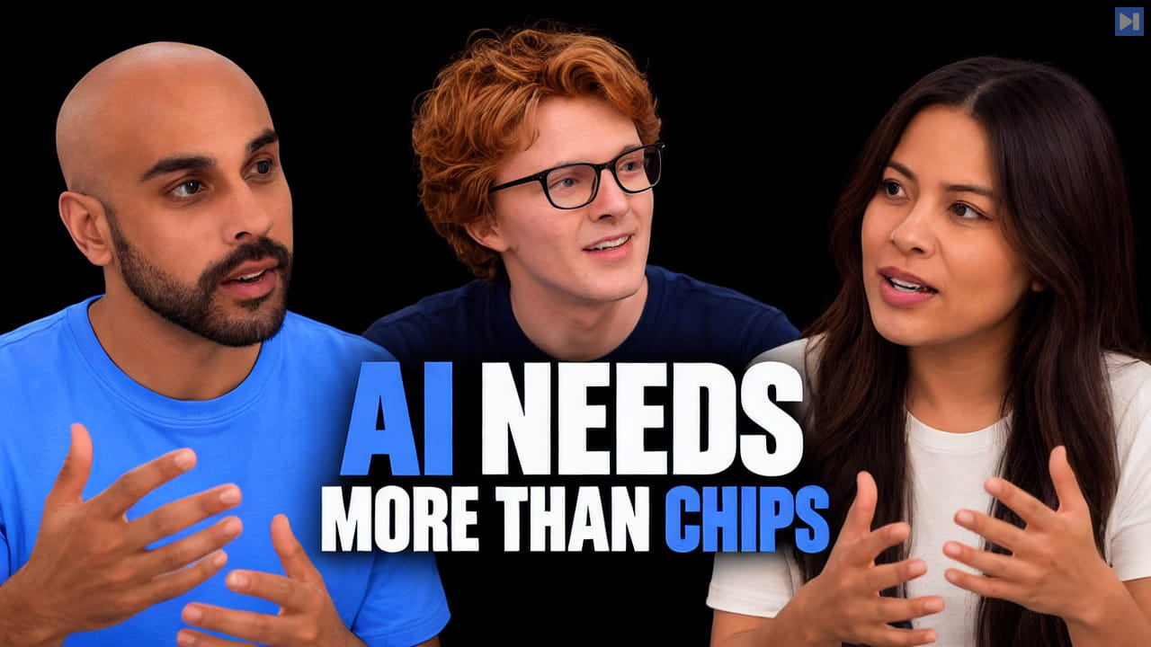 Shanu Mathew, Theo Jaffee and Sophia Dew in blue, navy and white tops against black beside the white and blue headline 'AI NEEDS MORE THAN CHIPS'.