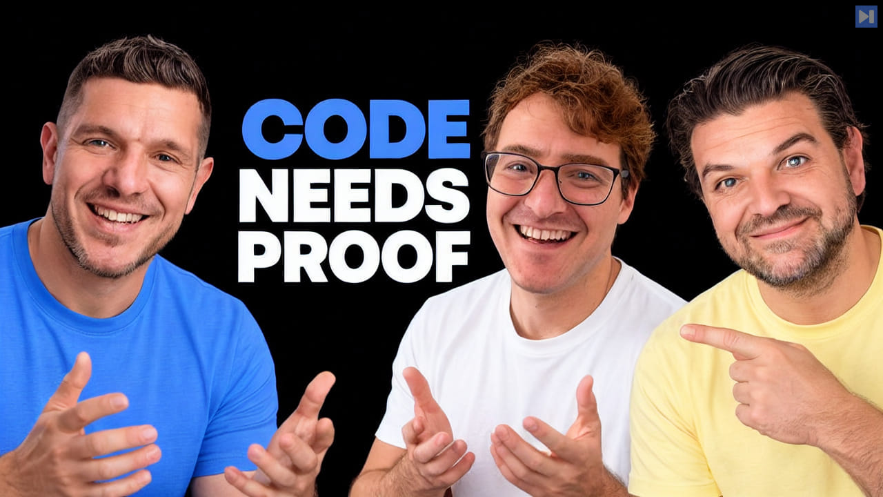 Alex Volkov in blue, Ryan Lopopolo in white and Mario Zechner in pale yellow beside the blue-and-white headline CODE NEEDS PROOF on black.