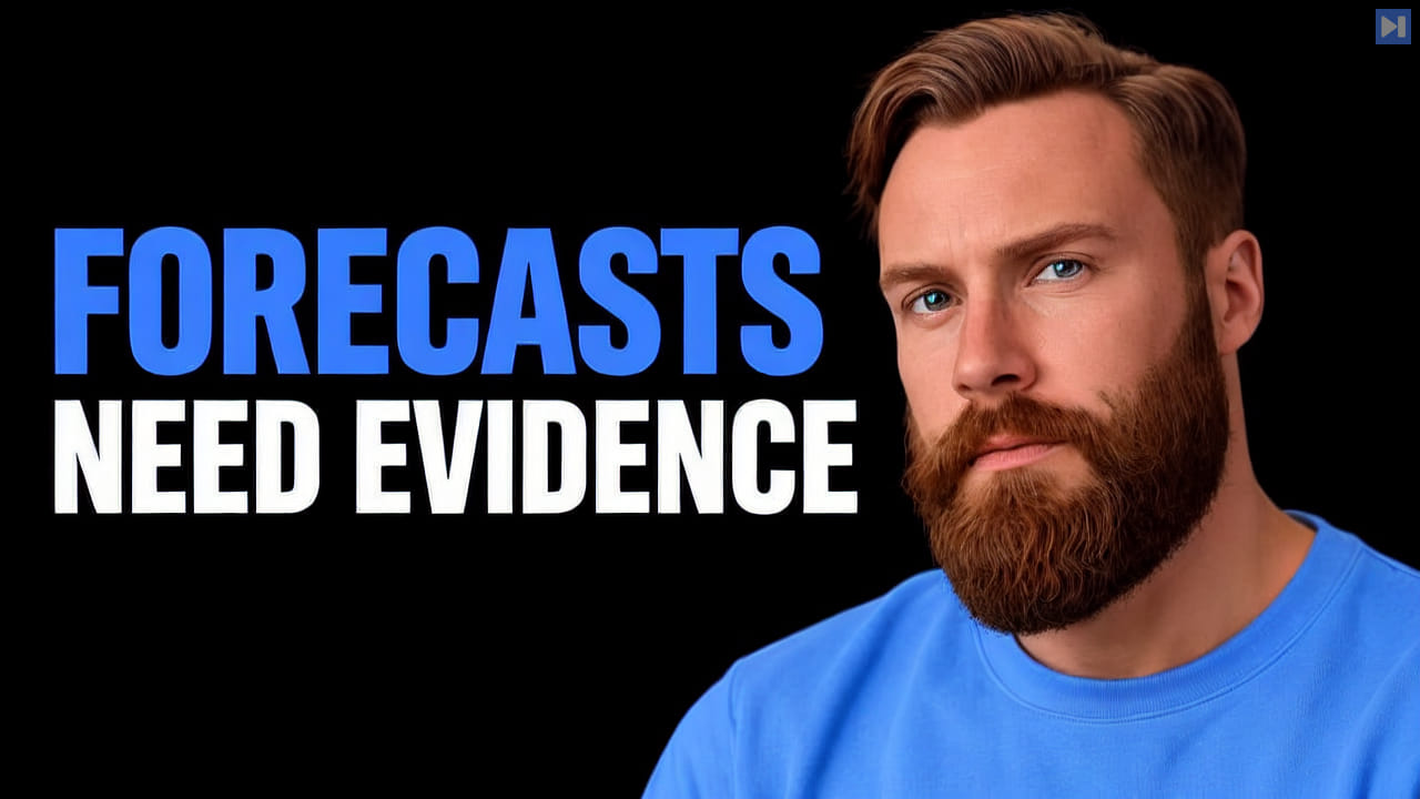 Portrait of Kristian Fagerlie on a black background with the blue and white headline "FORECASTS NEED EVIDENCE".