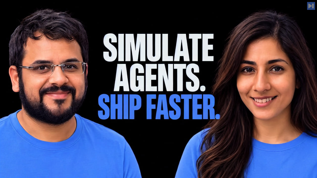 Aman Gupta and Shreya Rajpal in blue shirts around the headline “SIMULATE AGENTS. SHIP FASTER.” on a black background.