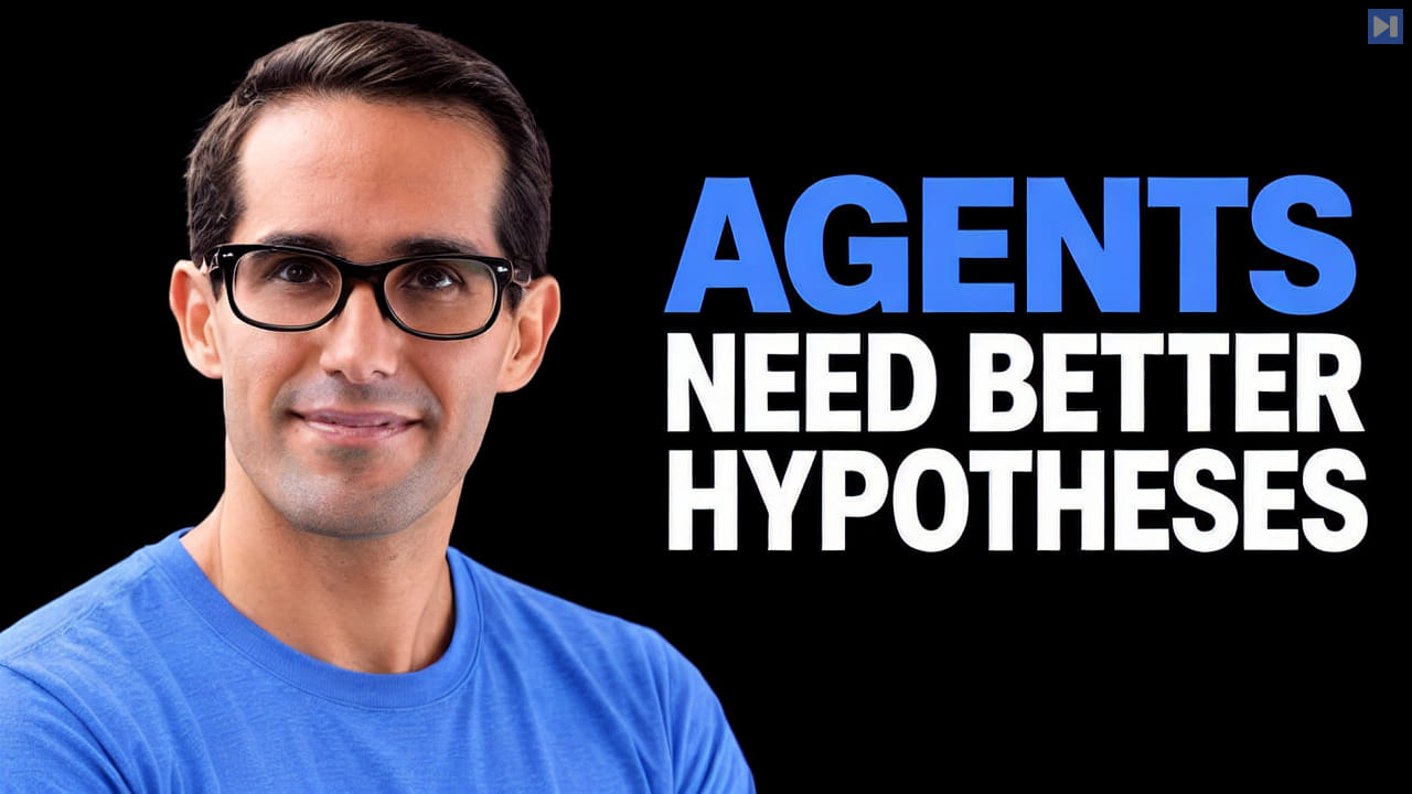 Sina Shahandeh wearing glasses and a blue shirt beside the blue and white headline Agents Need Better Hypotheses on black.