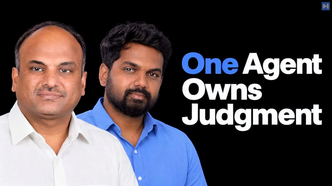 Subbiah Sethuraman and Abhilash Asokan against a black background beside the blue and white headline One Agent Owns Judgment.