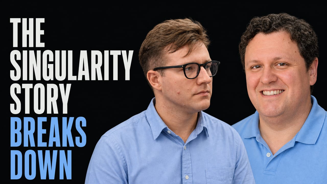 Portraits of Tim Scarfe and Adam Becker beside the words The Singularity Story Breaks Down